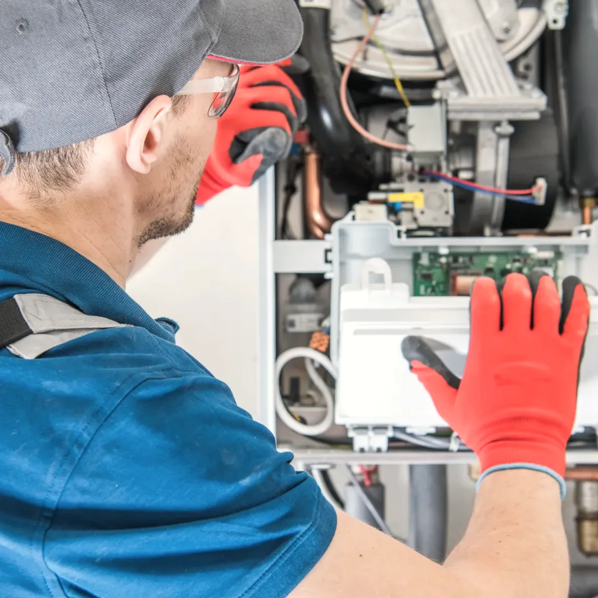 Technician in red gloves servicing a boiler's controls