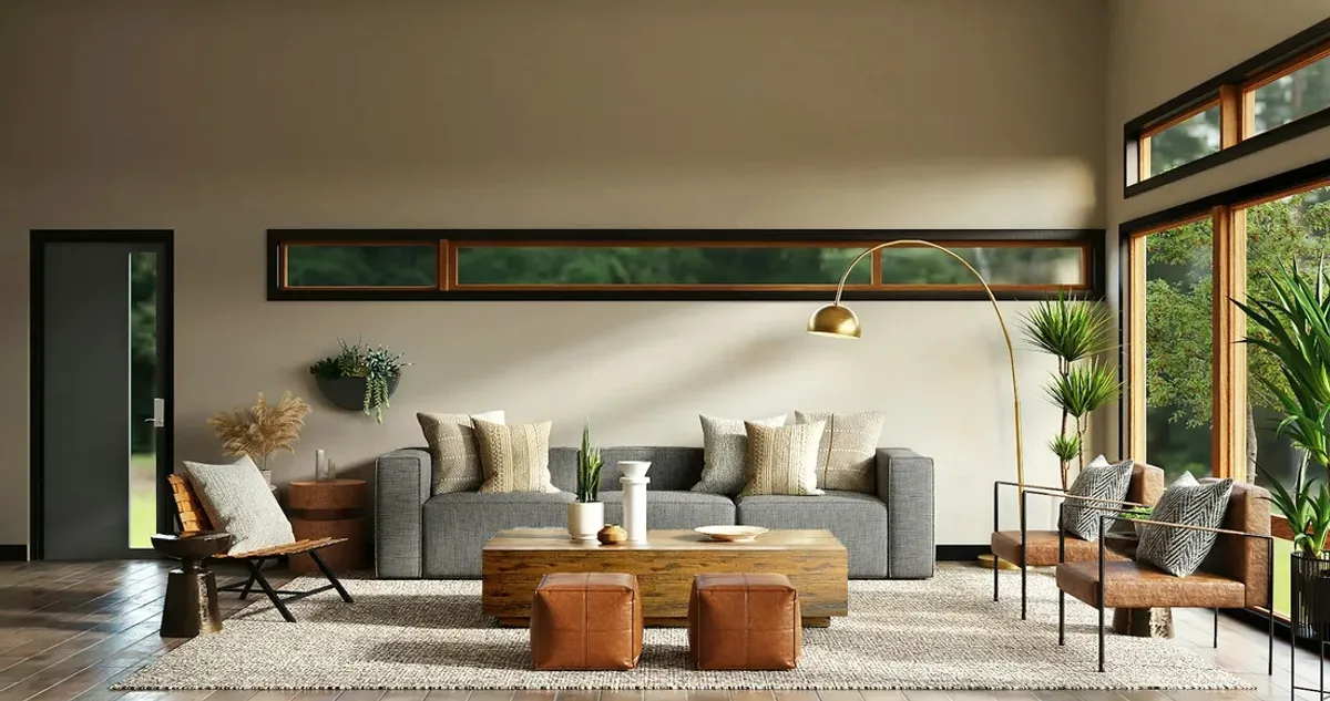 Bright living room with a grey sofa and large windows
